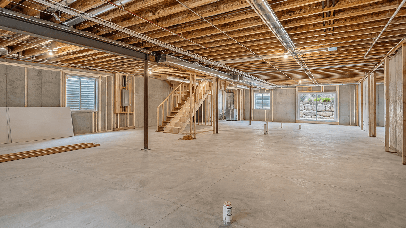 Unfinished basement — bare concrete, exposed framing