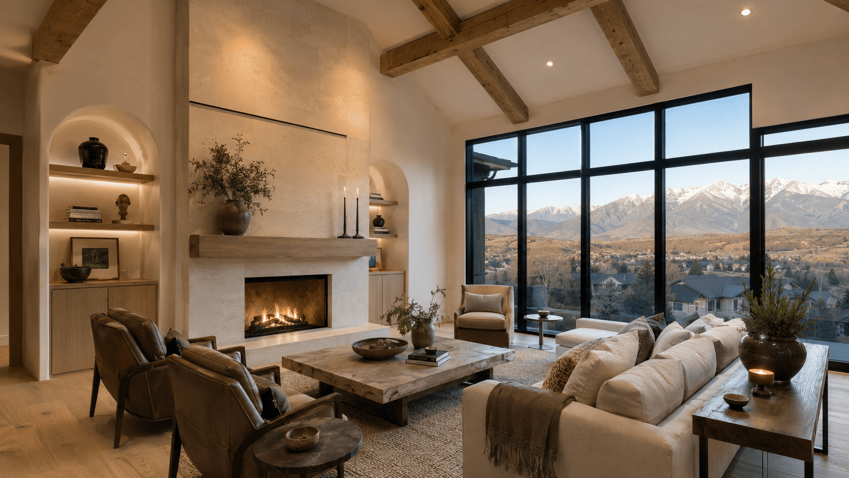Great room with stone fireplace accent wall and white oak built-ins